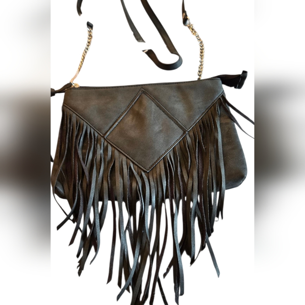 Black Faux Leather Crossbody Bag with Fringe